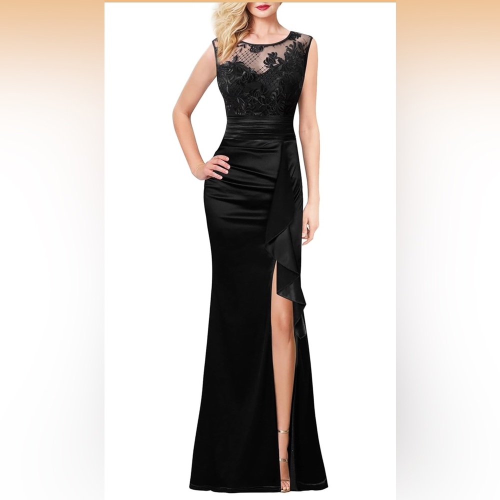 VFSHOW Black Lace Evening Gown, Ruched, Slit, NWT